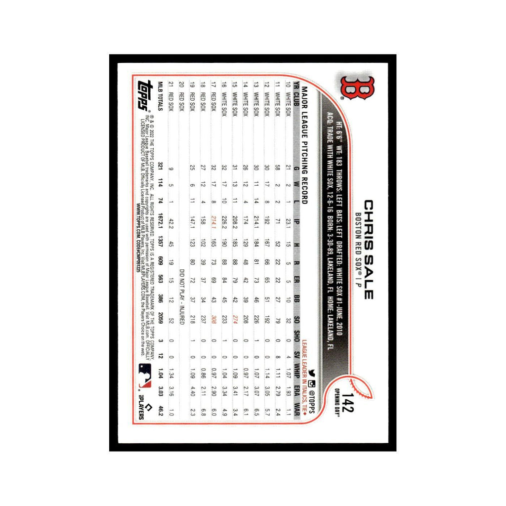 Chris Sale 2022 Topps Opening Day #142 Boston Red Sox Baseball Card NM