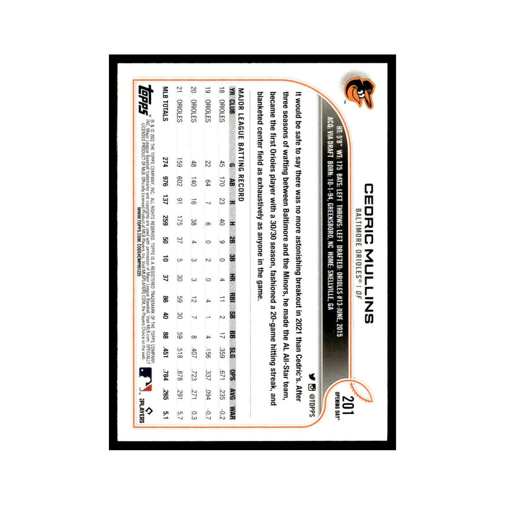 Cedric Mullins 2022 Topps Opening Day #201 Baltimore Orioles Baseball Card NM