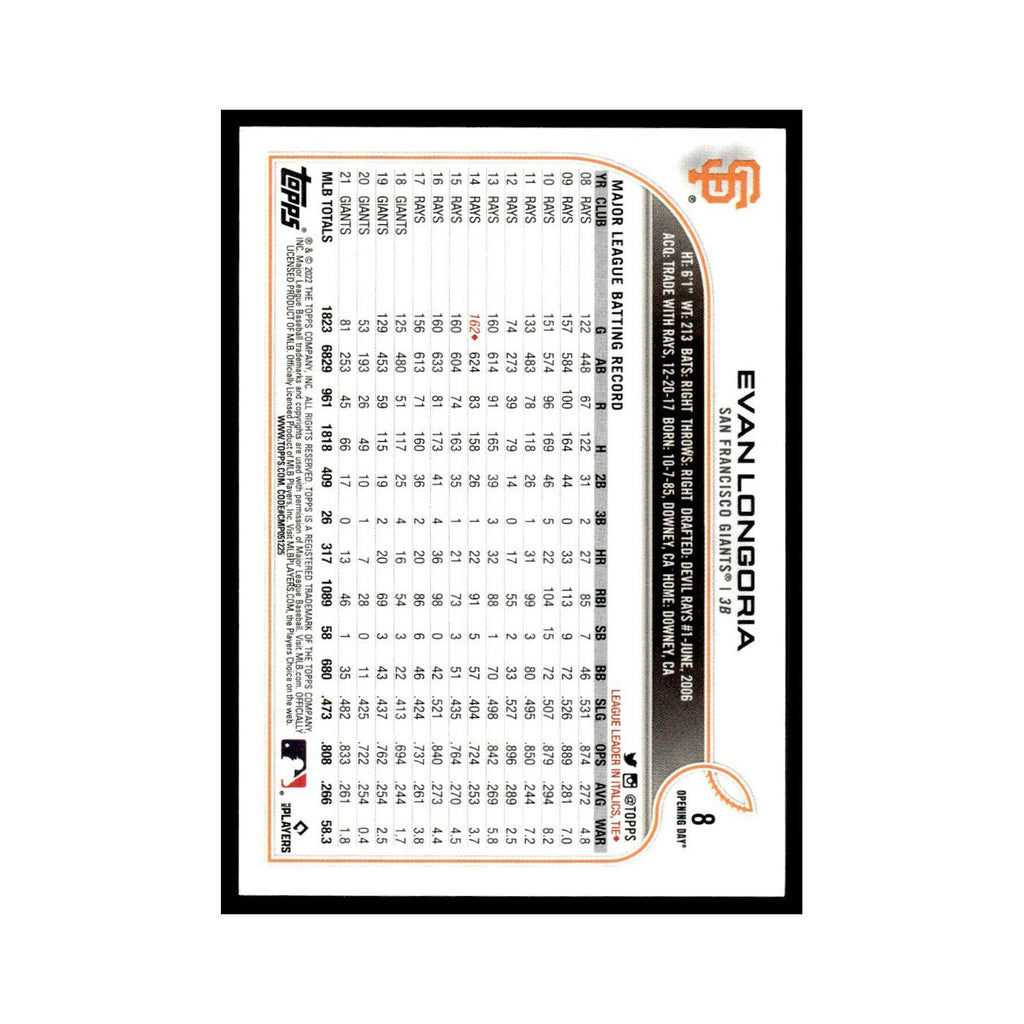 Evan Longoria 2022 Topps Opening Day #8 San Francisco Giants Baseball Card NM
