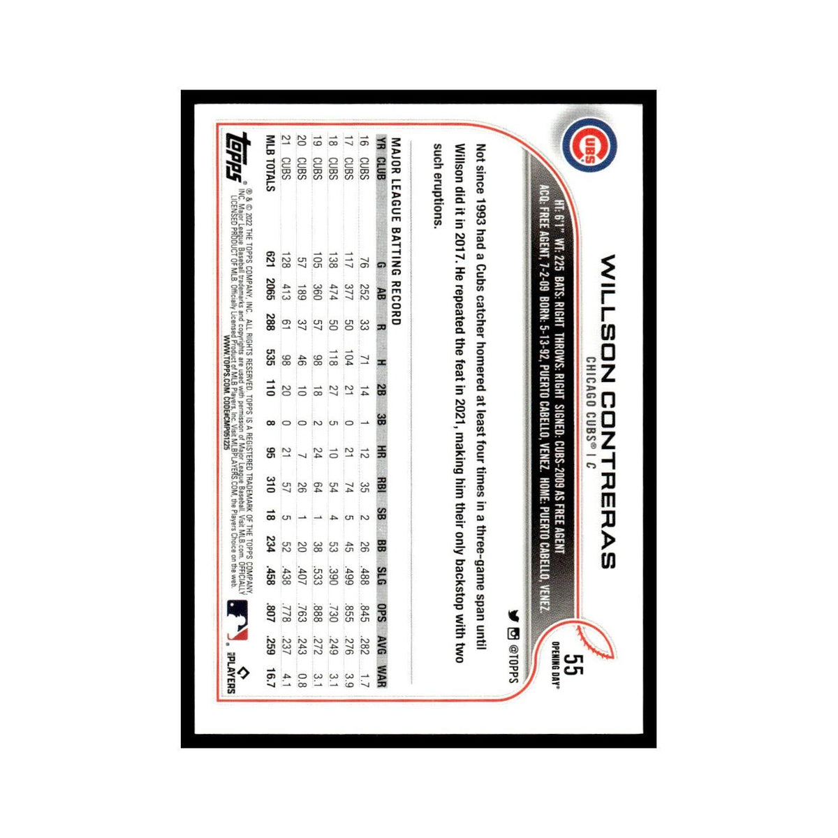 Willson Contreras 2022 Topps Opening Day #55 Chicago Cubs Baseball Card NM