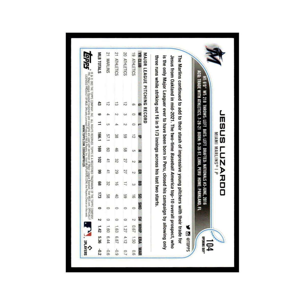 Jesus Luzardo 2022 Topps Opening Day #104 Miami Marlins Baseball Card NM