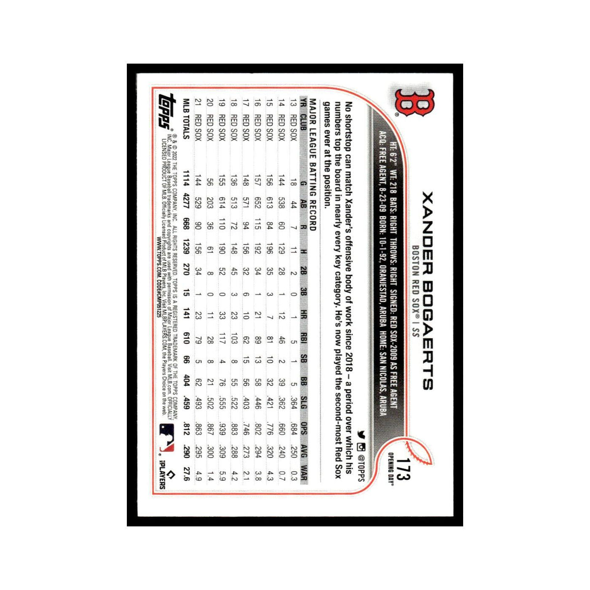 Xander Bogaerts 2022 Topps Opening Day #173 Boston Red Sox Baseball Card NM