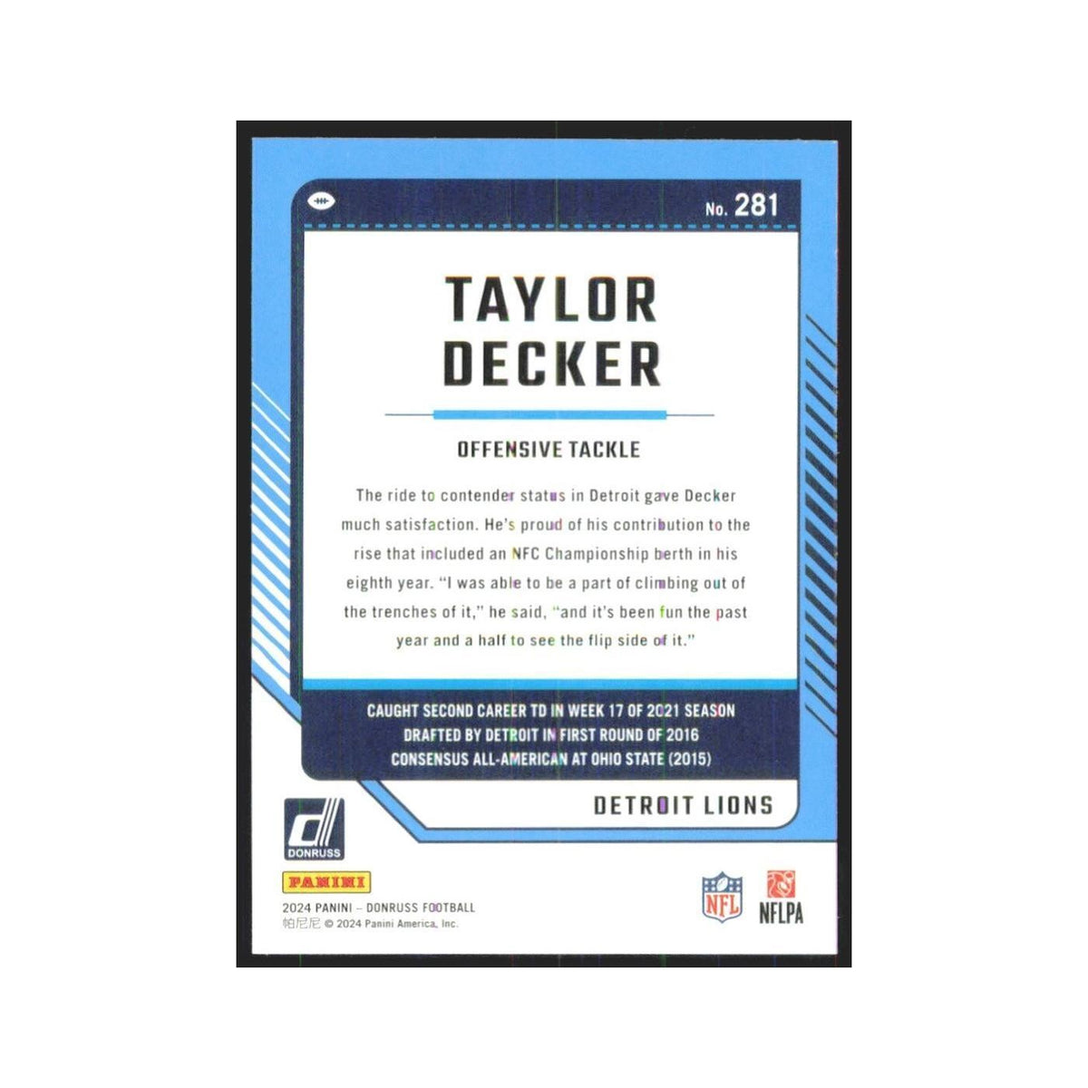 2024 Donruss Taylor Decker Lions #281