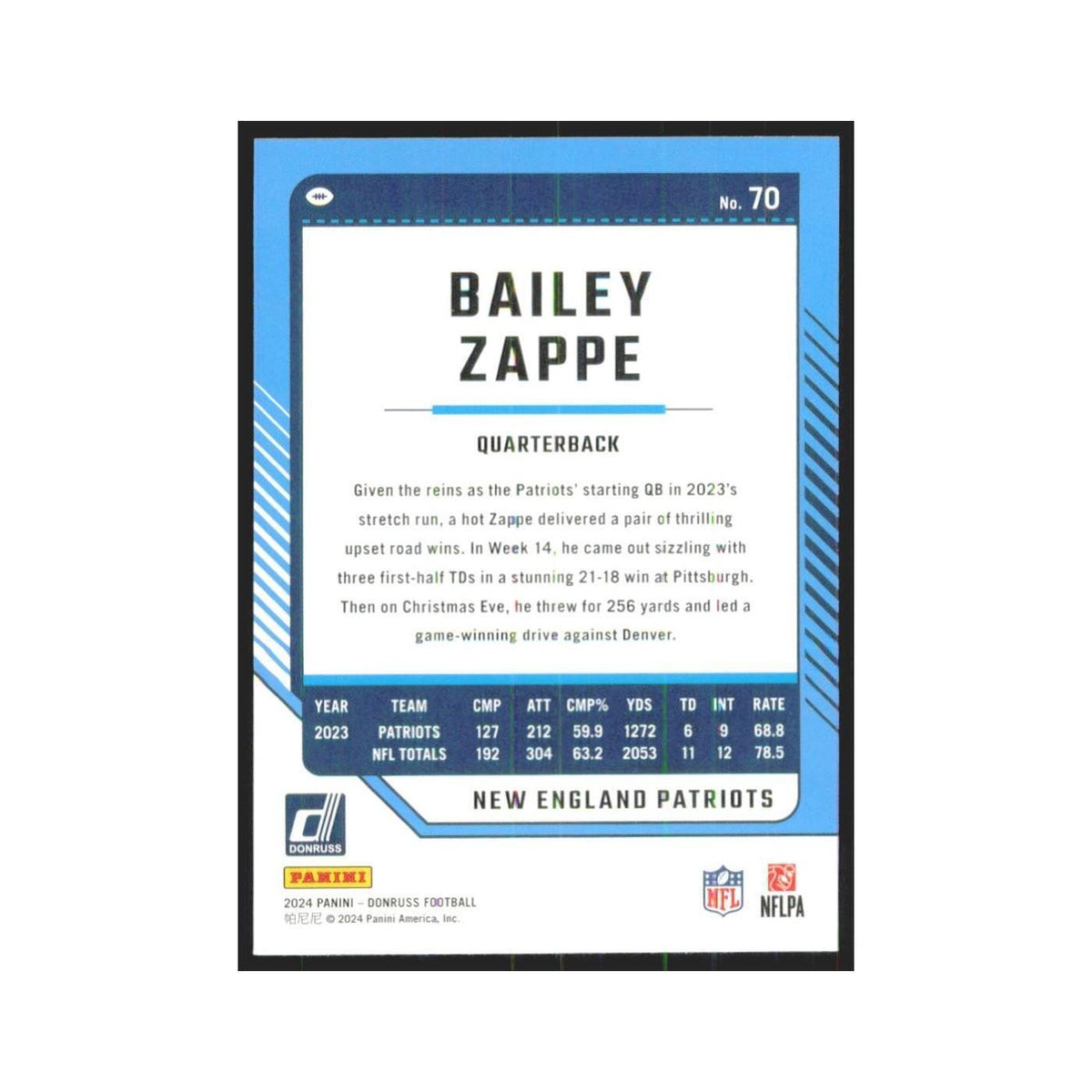 2024 Donruss Bailey Zappe Patriots #70