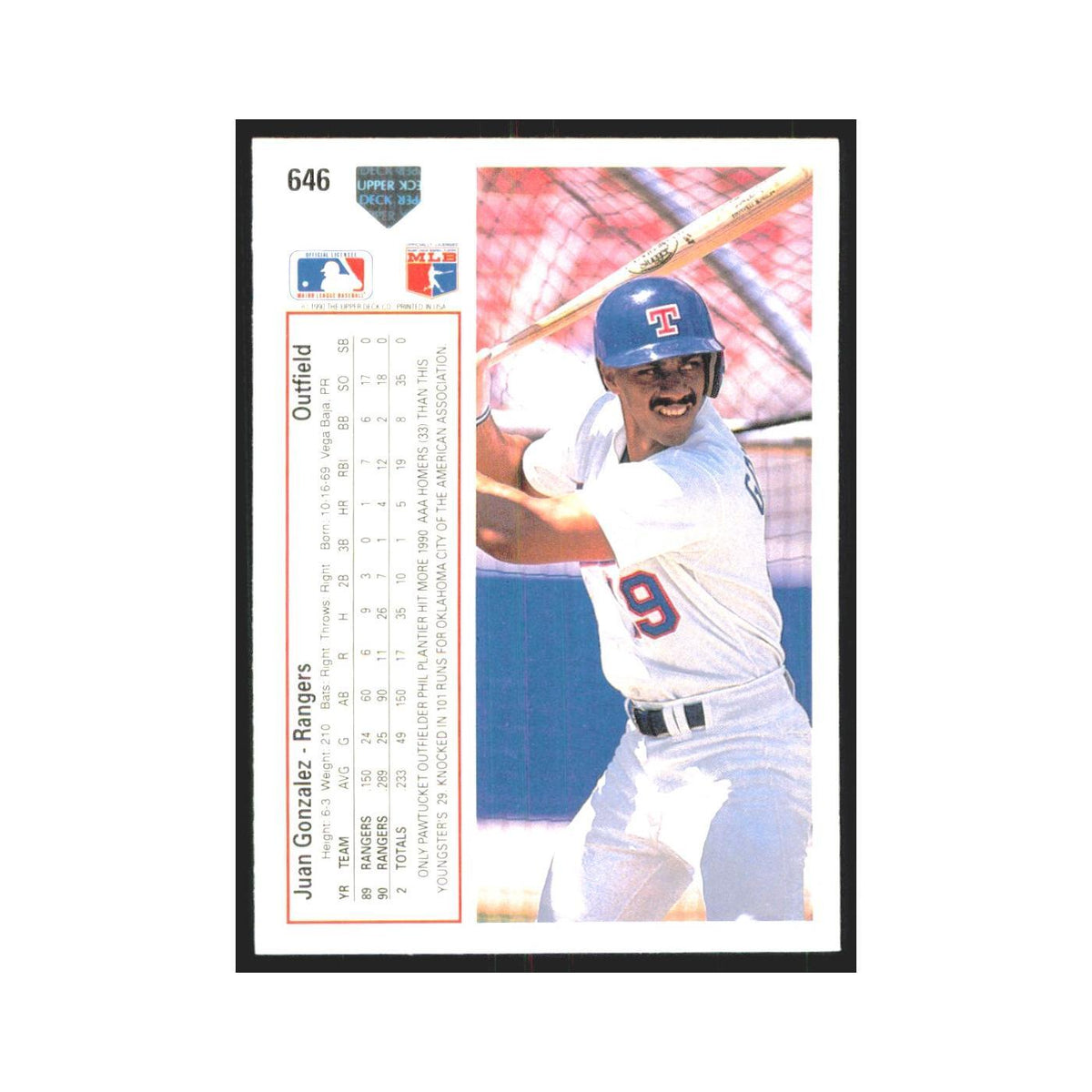 1991 Upper Deck Juan Gonzalez Rangers #646