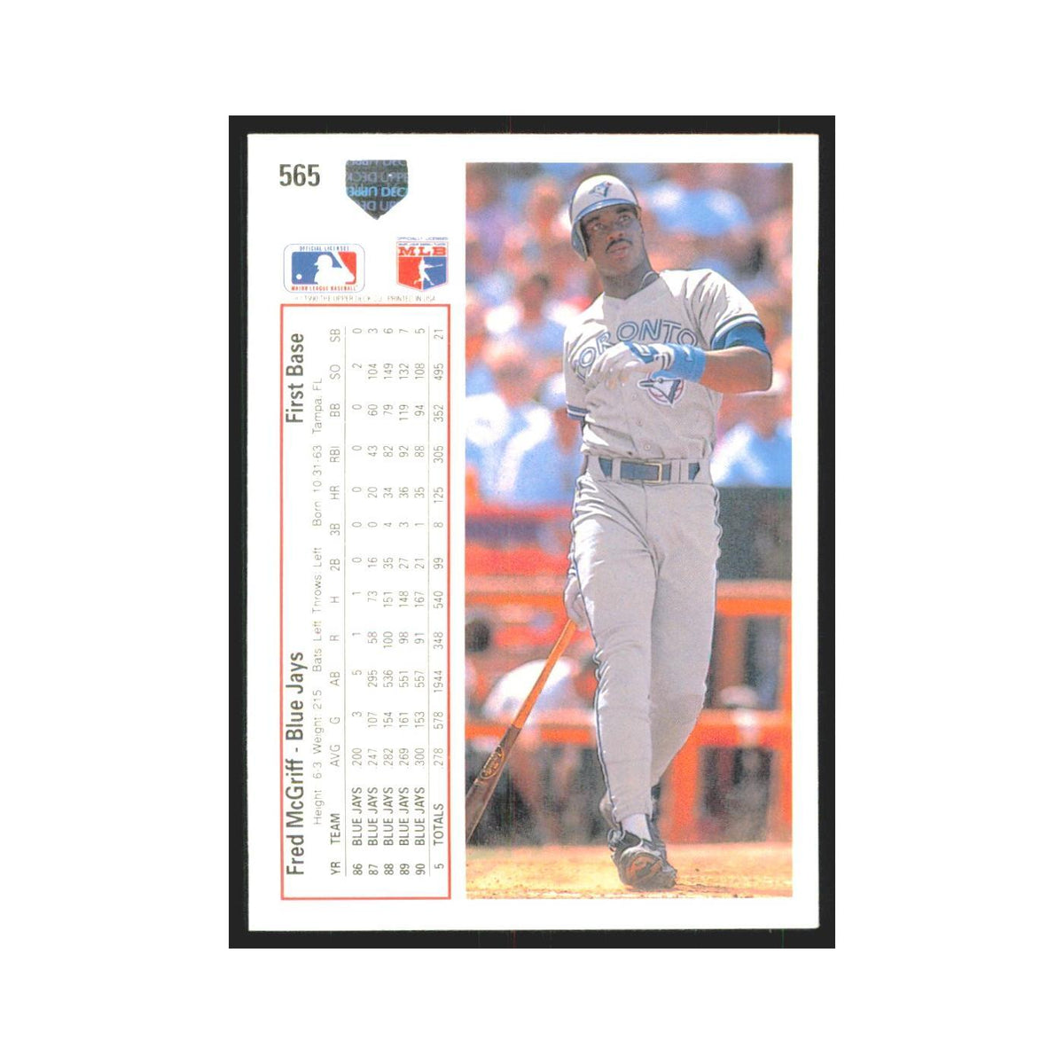 1991 Upper Deck Fred McGriff Blue Jays #565