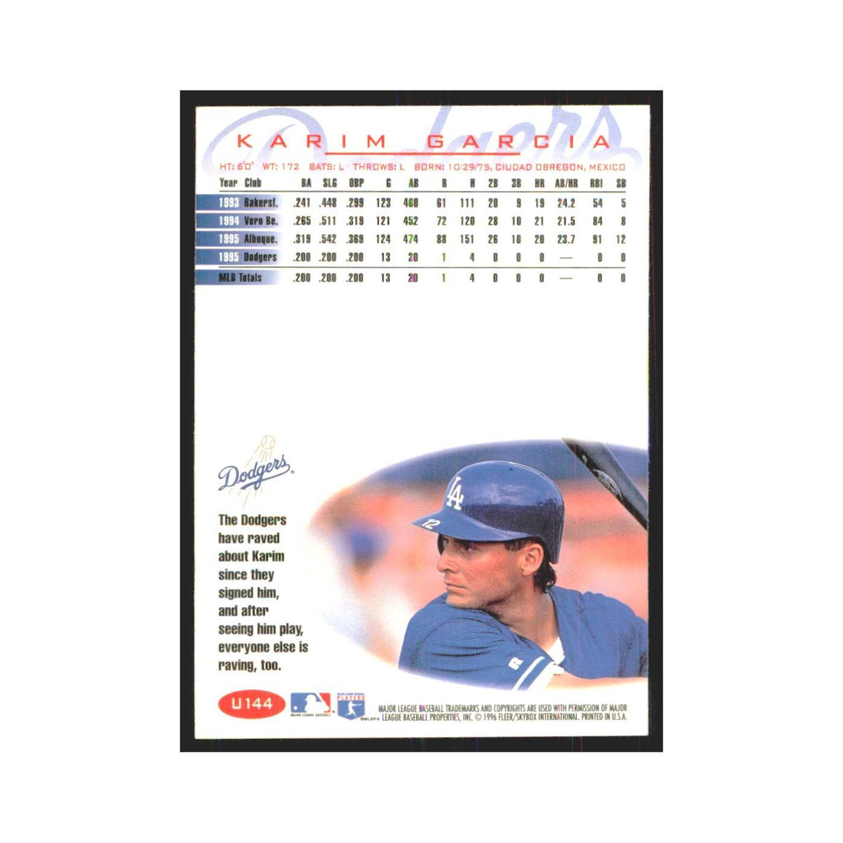 1996 Fleer Karim Garcia Dodgers #U144