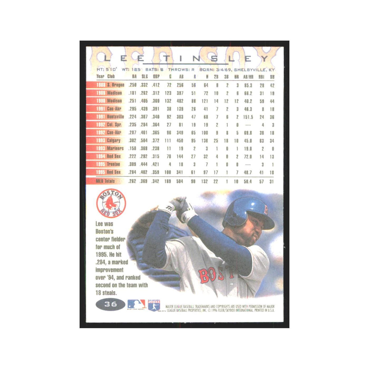 1996 Fleer Lee Tinsley Red Sox #36