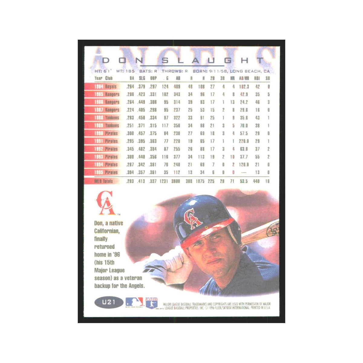 1996 Fleer Don Slaught Angels #U21