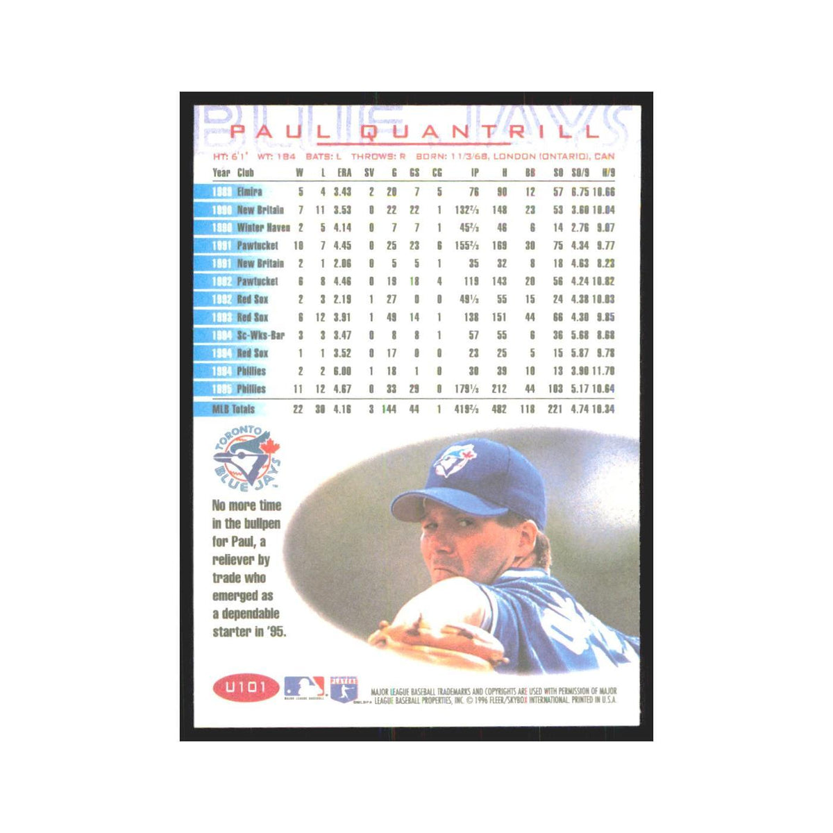 1996 Fleer Paul Quantrill Blue Jays #U101