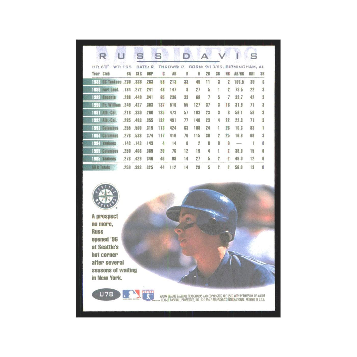 1996 Fleer Russ Davis Mariners #U78