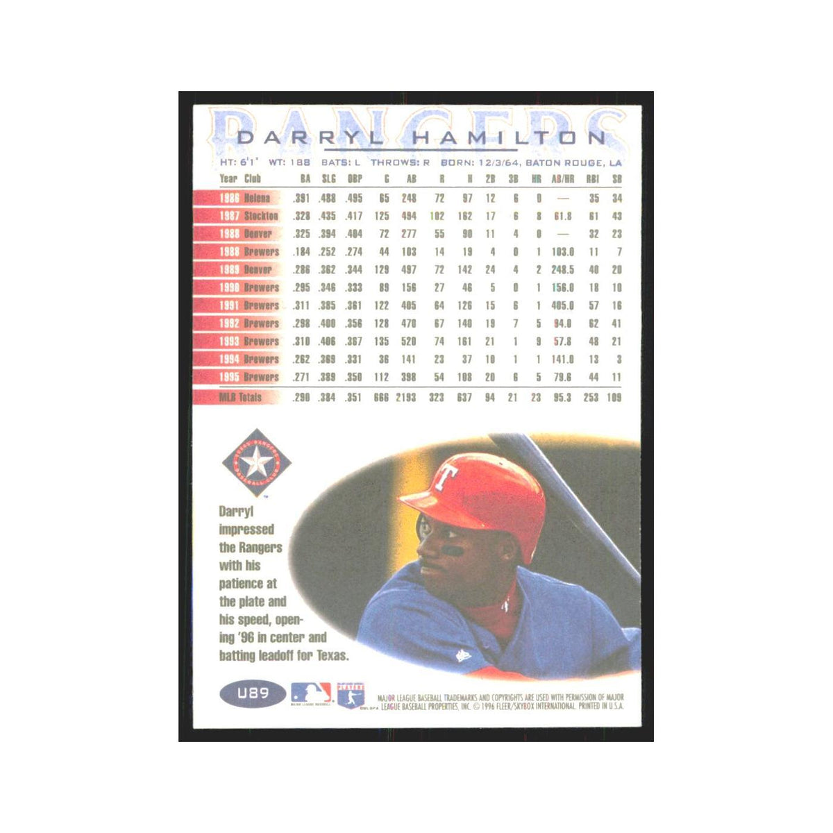1996 Fleer Darryl Hamilton Rangers #U89