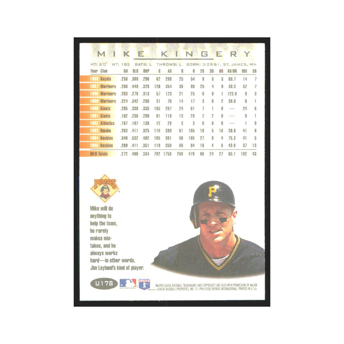 1996 Fleer Mike Kingery Pirates #U178