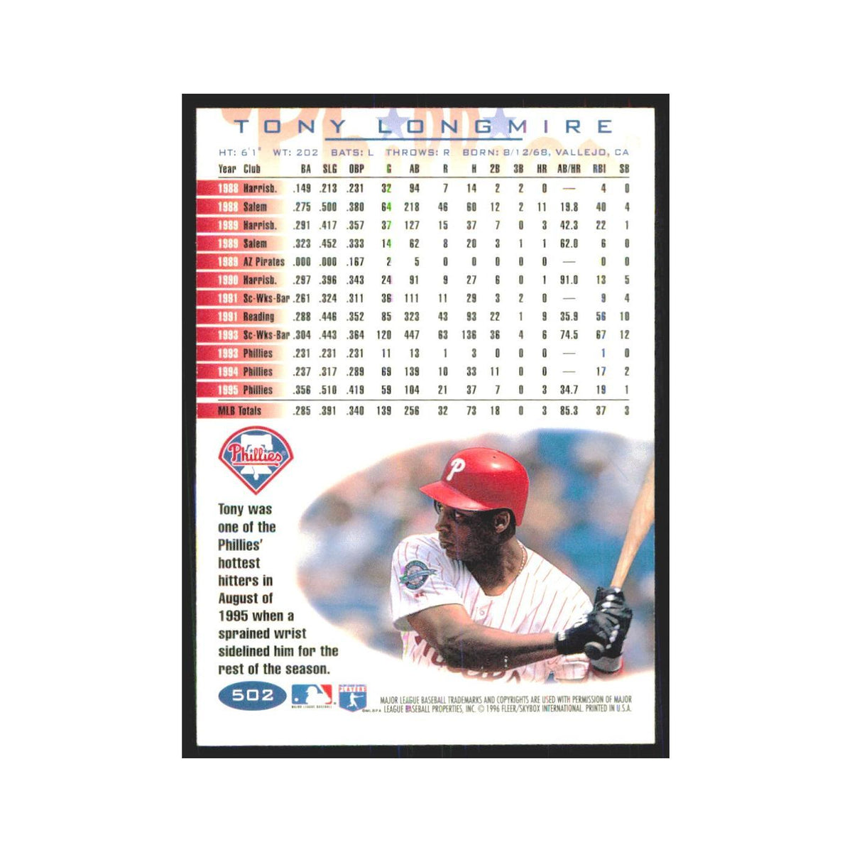 1996 Fleer Tony Longmire Phillies #502