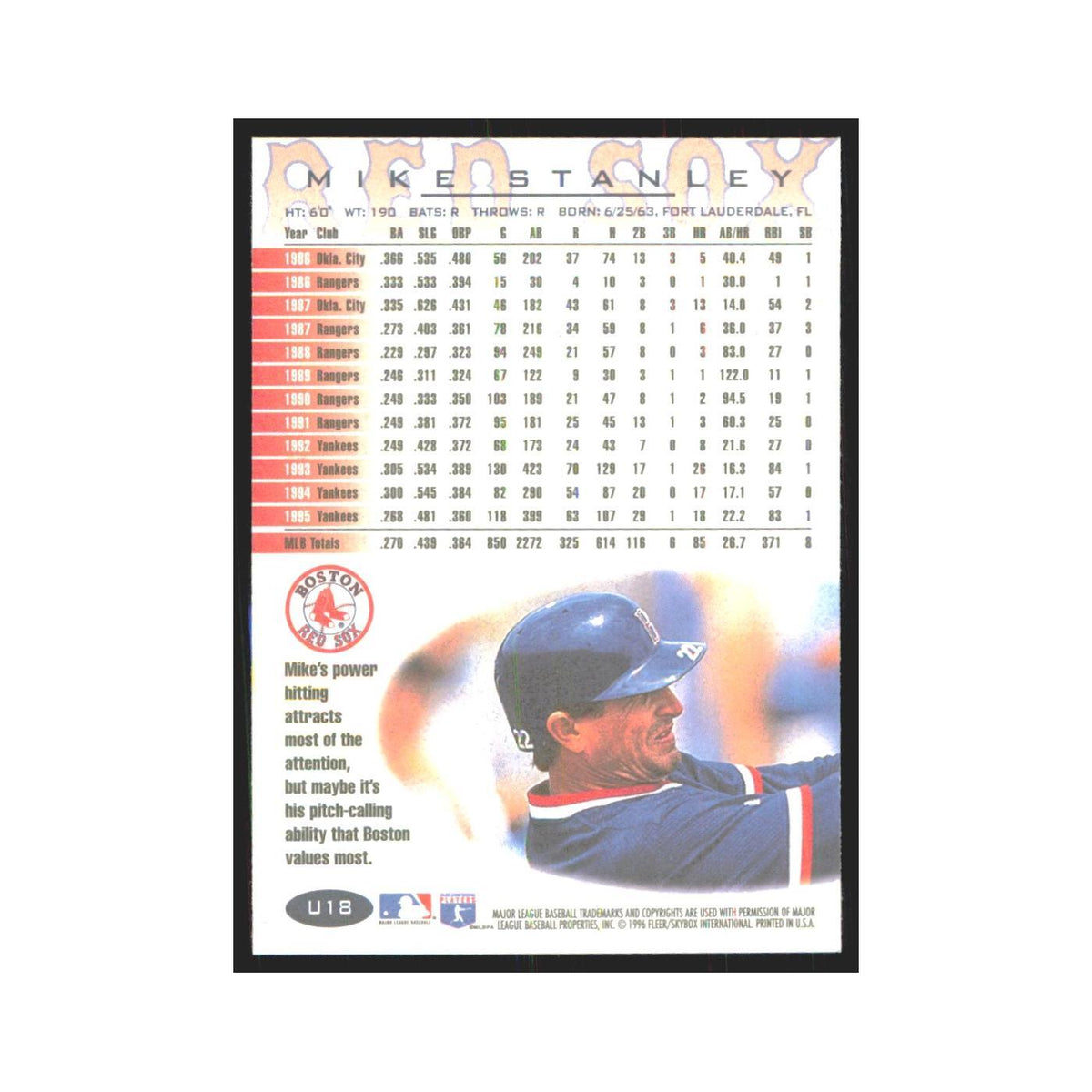 1996 Fleer Mike Stanley Red Sox #U18