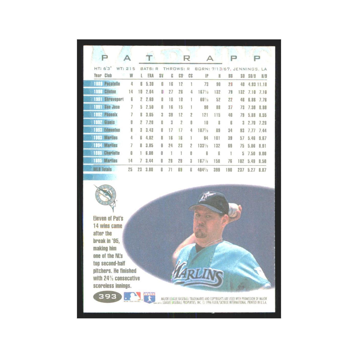 1996 Fleer Pat Rapp Florida Marlins #393