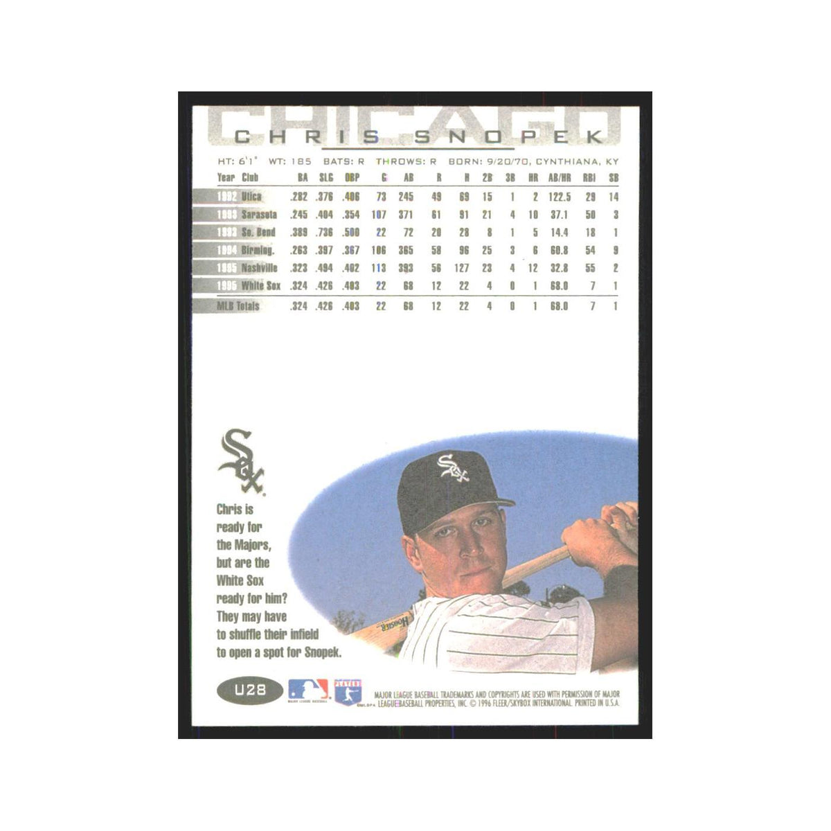 1996 Fleer Chris Snopek White Sox #U28