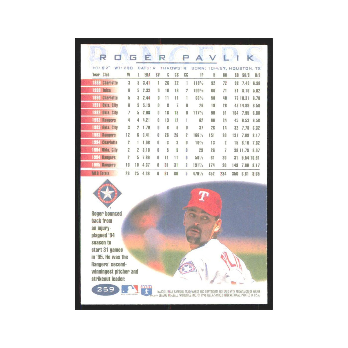 1996 Fleer Roger Pavlik Rangers #259