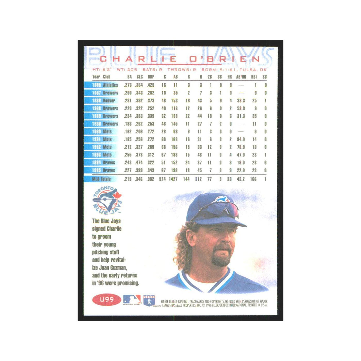 1996 Fleer Charlie O'Brien Blue Jays #U99