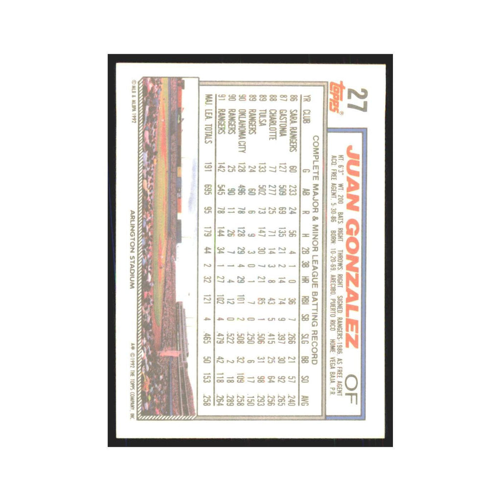 1992 Topps Juan Gonzalez Rangers #27
