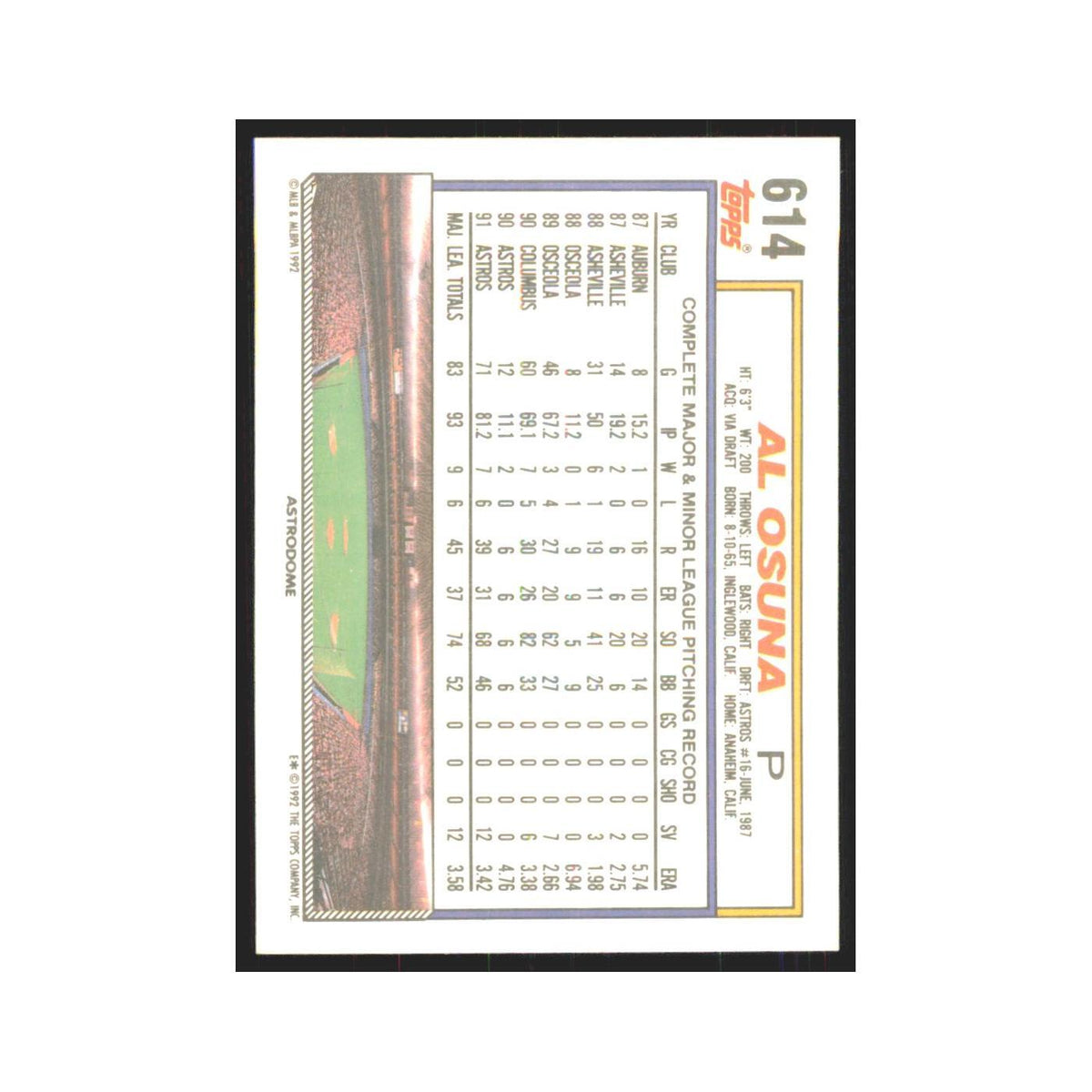 1992 Topps Al Osuna Astros #614