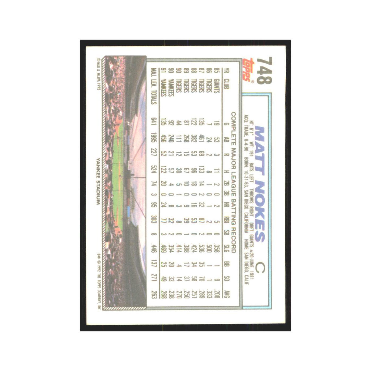 1992 Topps Matt Nokes Yankees #748