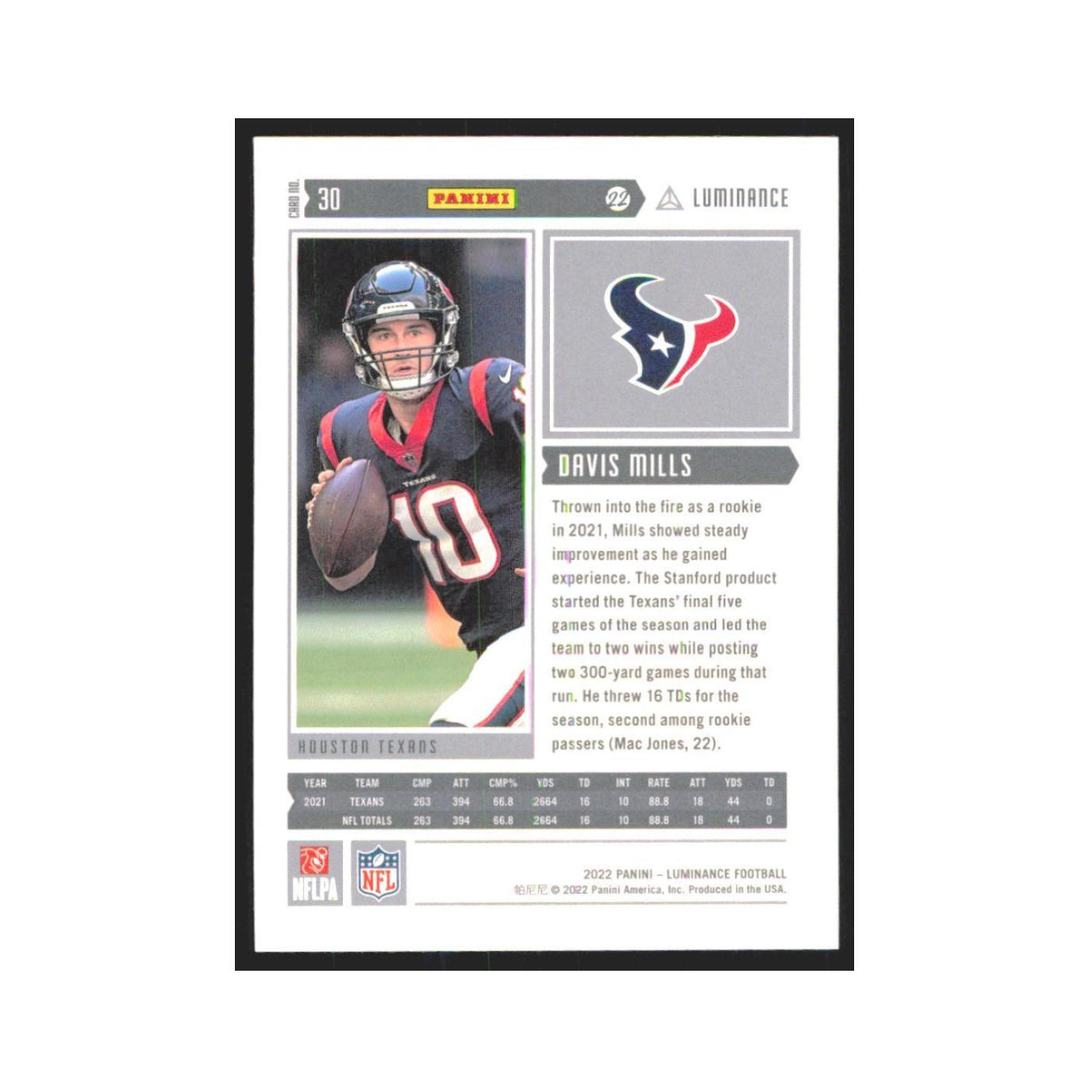 2022 Panini Luminance Davis Mills Texans #30