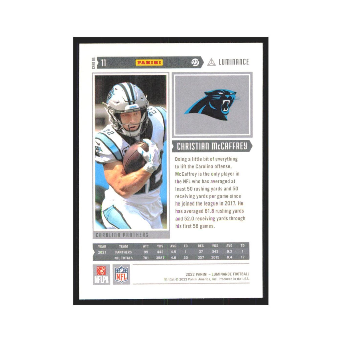2022 Panini Luminance Christian McCaffrey Panthers #11
