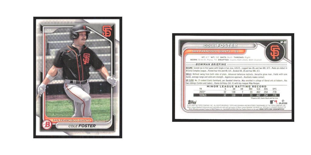 2024 Bowman Prospects Cole Foster Giants #BP-83