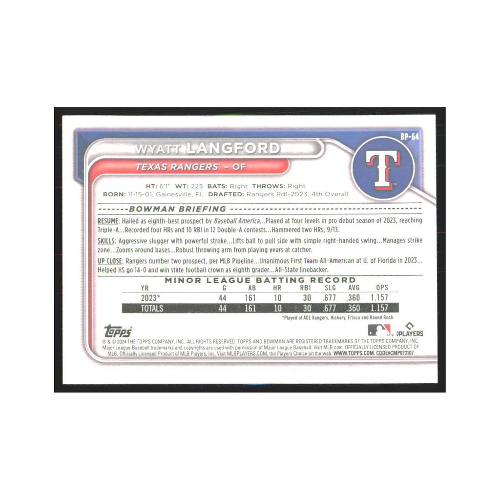 2024 Bowman Prospects Wyatt Langford Rangers #BP-64