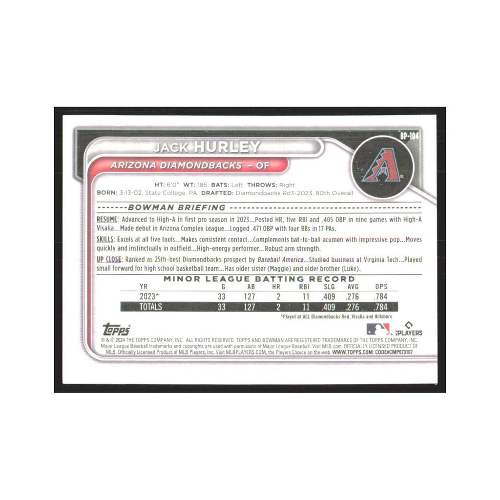 2024 Bowman Prospects Jack Hurley Diamondbacks #BP-104