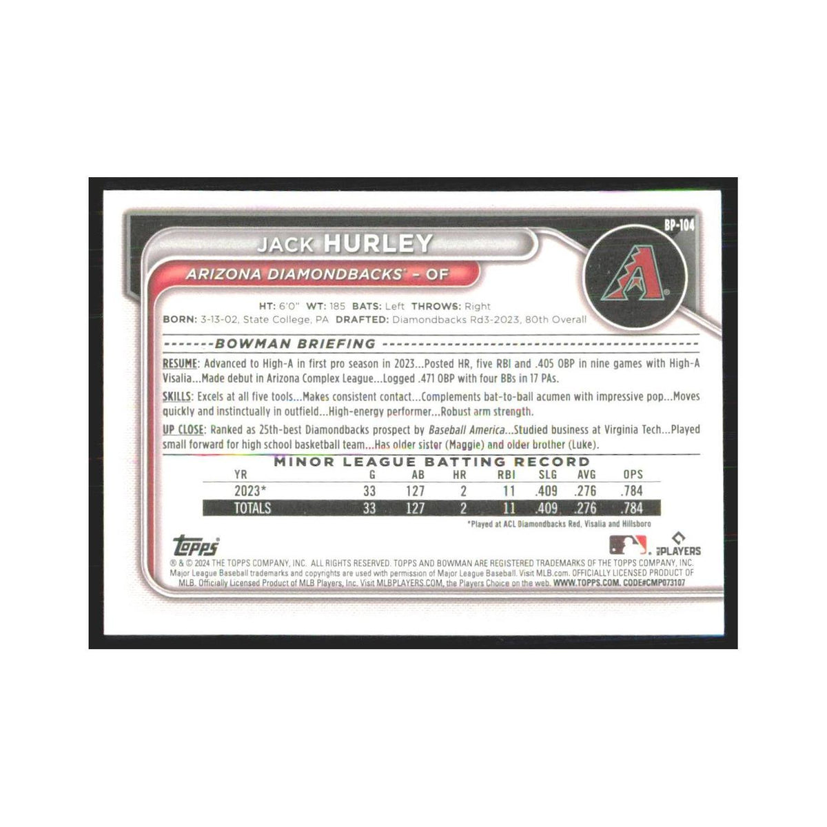 2024 Bowman Prospects Jack Hurley Diamondbacks #BP-104