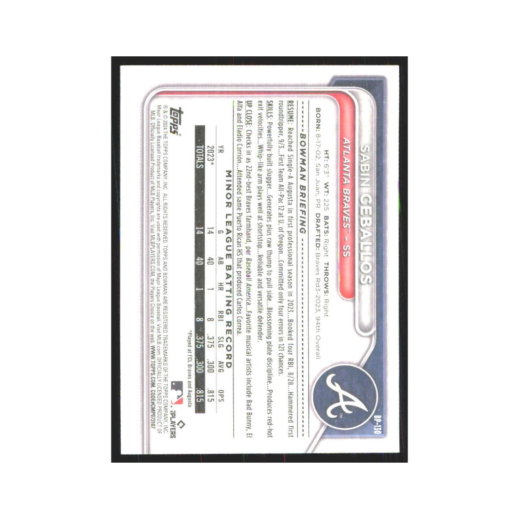 2024 Bowman Prospects Sabin Ceballos Braves #BP-130
