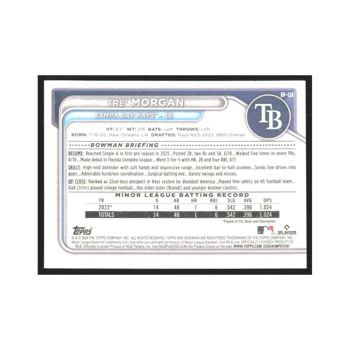 2024 Bowman Prospects Tre' Morgan Rays #BP-126