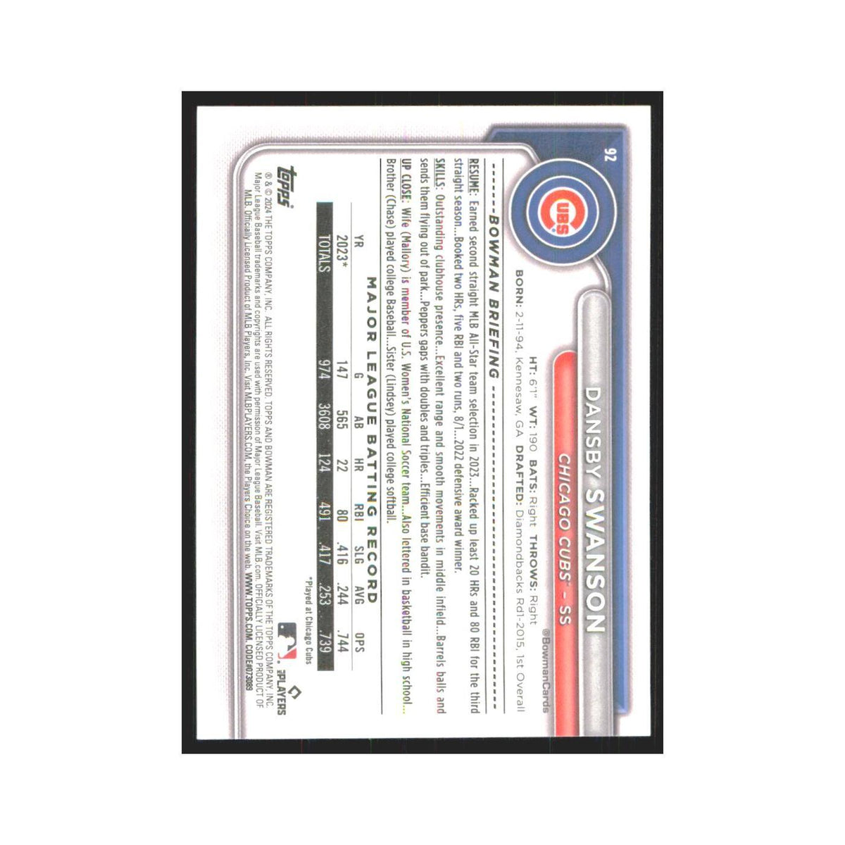 2024 Bowman Dansby Swanson Cubs #92