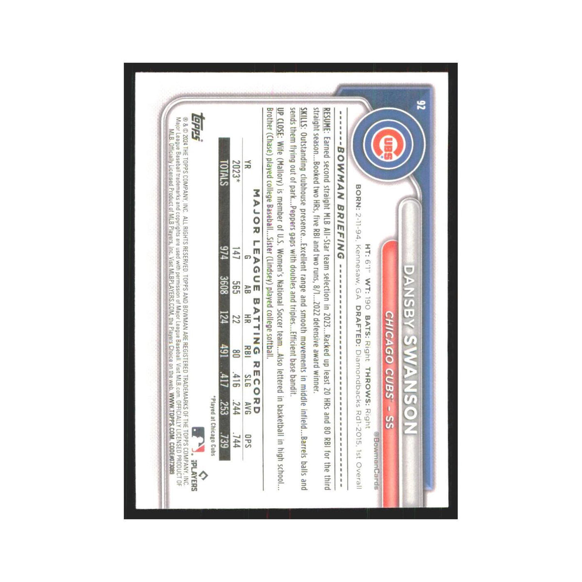 2024 Bowman Dansby Swanson Cubs #92