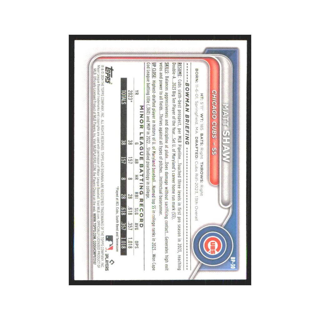 2024 Bowman Prospects Matt Shaw Cubs #BP-30