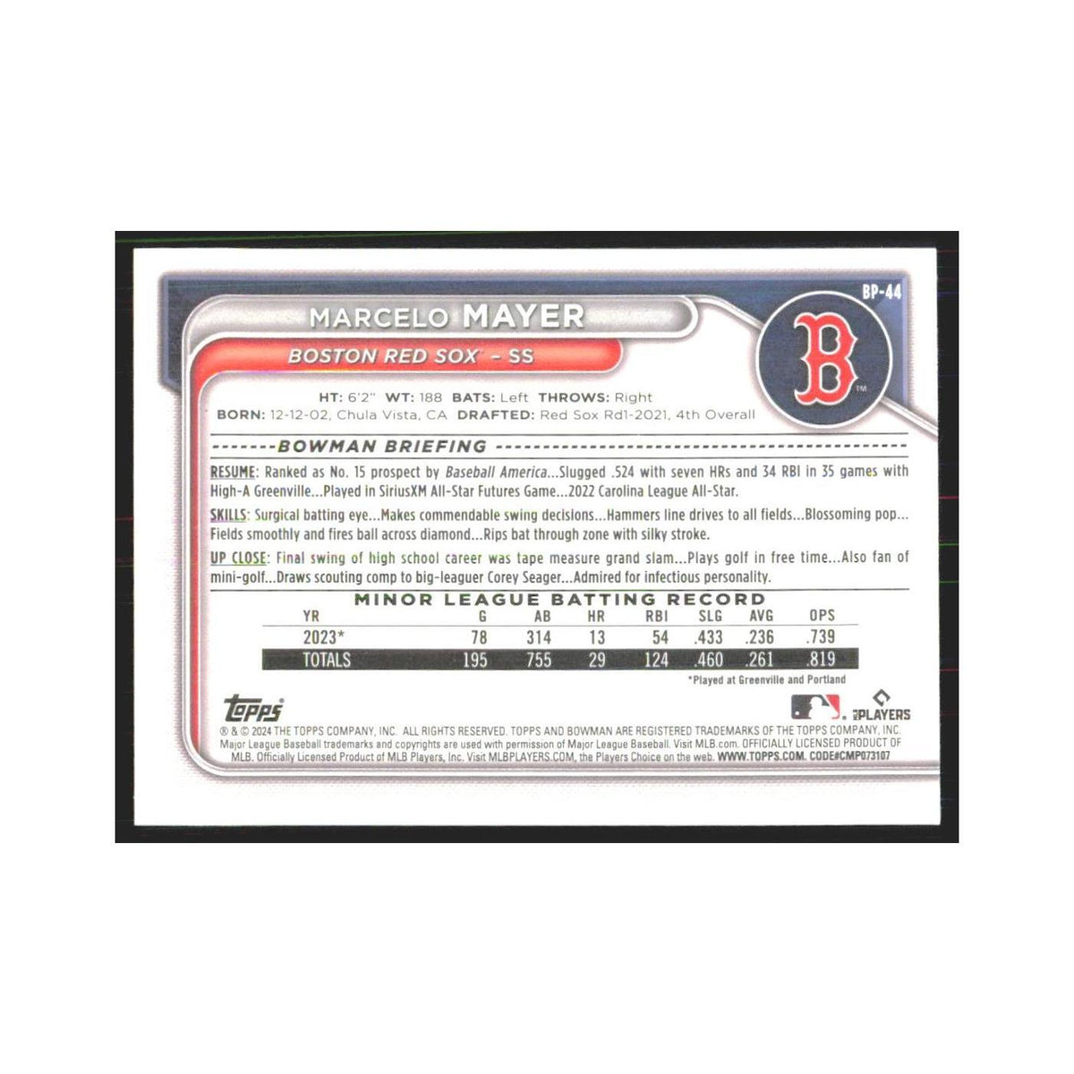 2024 Bowman Prospects Marcelo Mayer Red Sox #BP-44