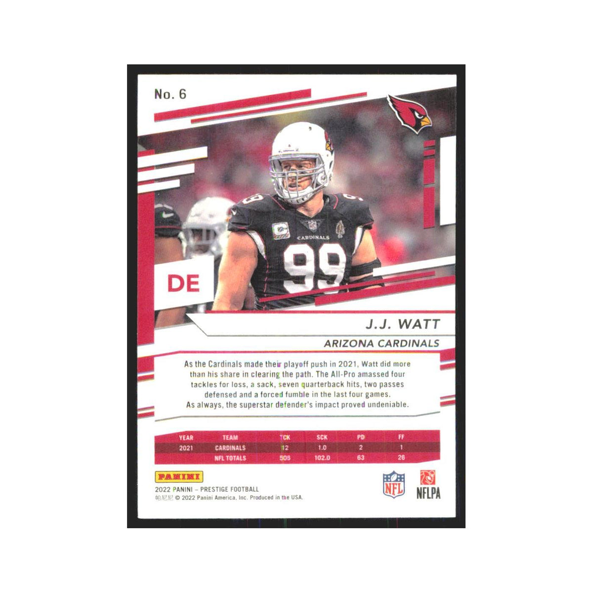 2022 Panini Prestige J.J. Watt Cardinals #6