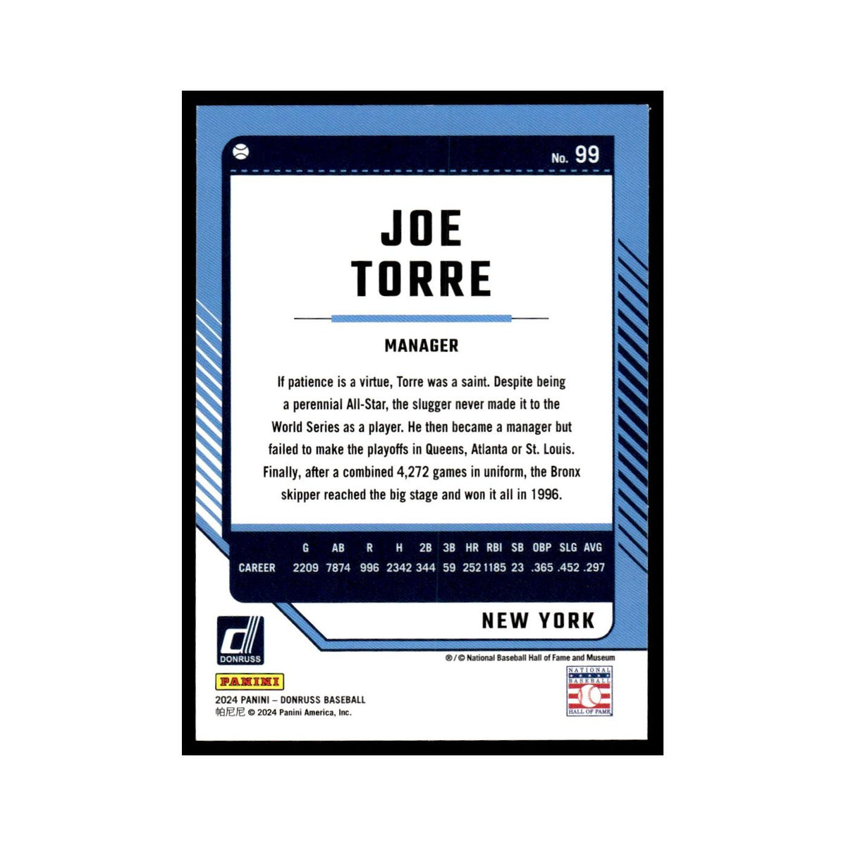 Joe Torre 2024 Donruss #99 New York Yankees Baseball Card NM