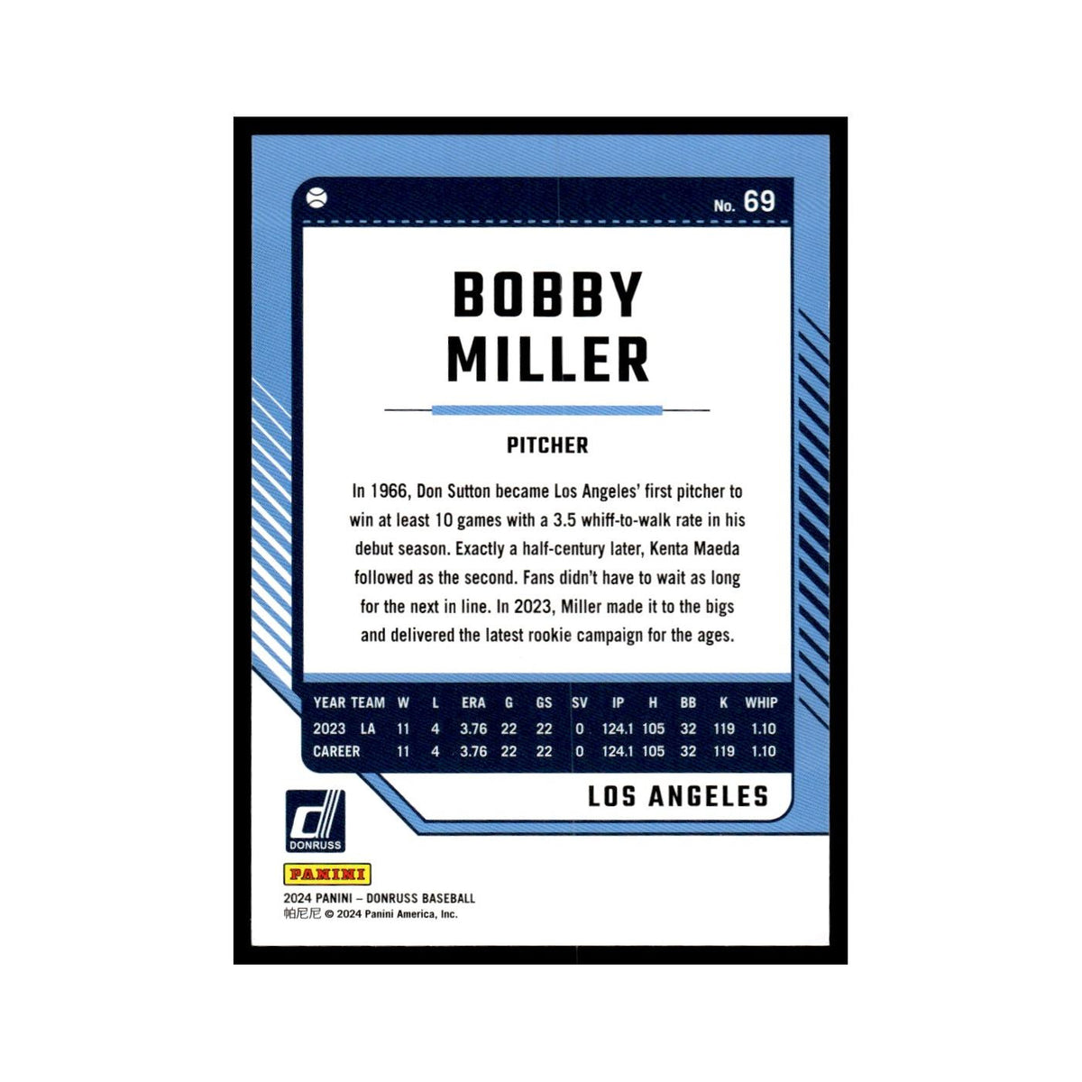 Bobby Miller 2024 Donruss #69 Los Angeles Dodgers Baseball Card NM