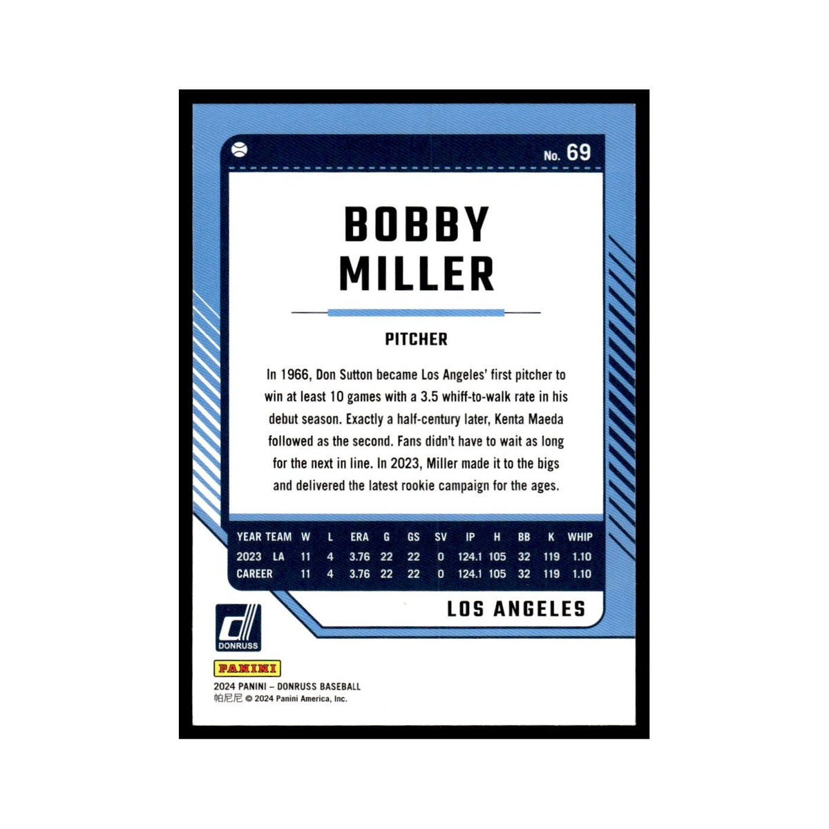Bobby Miller 2024 Donruss #69 Los Angeles Dodgers Baseball Card NM
