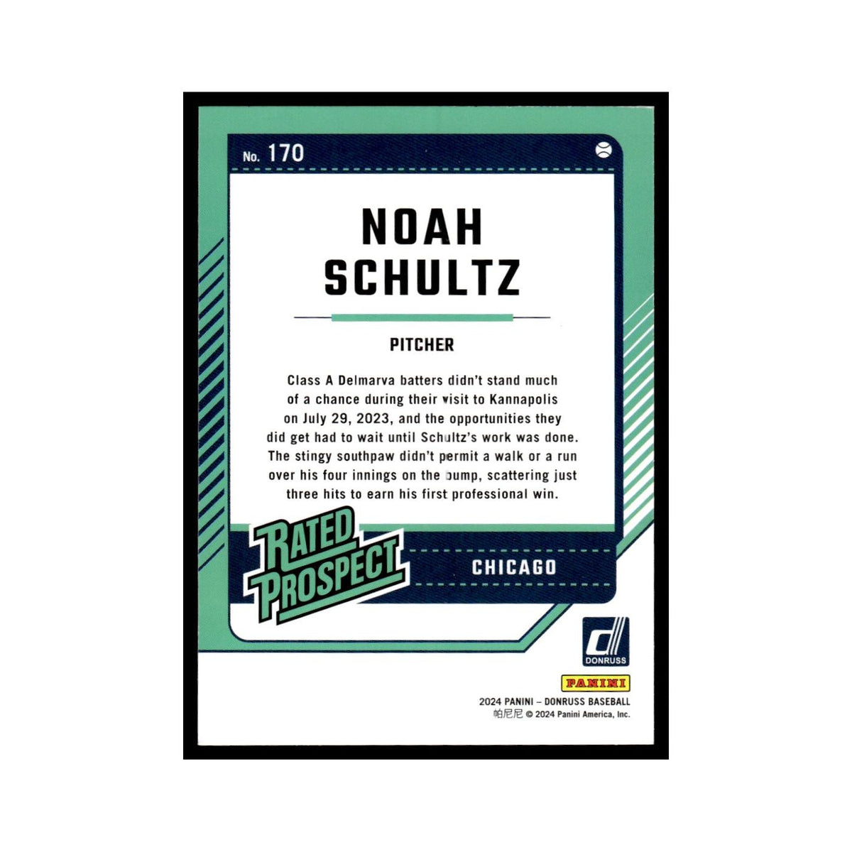 Noah Schultz 2024 Donruss Rated Rookie #170 Chicago White Sox Baseball Card NM
