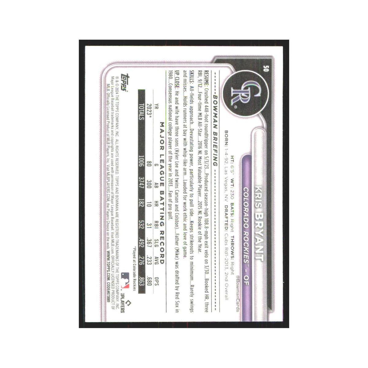 2024 Bowman Kris Bryant Rockies #50