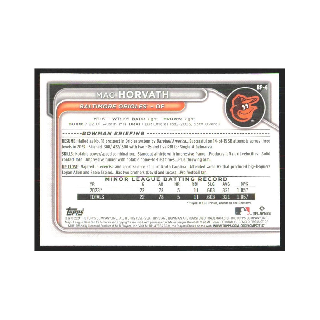 2024 Bowman Prospects Mac Horvath Orioles #BP-6