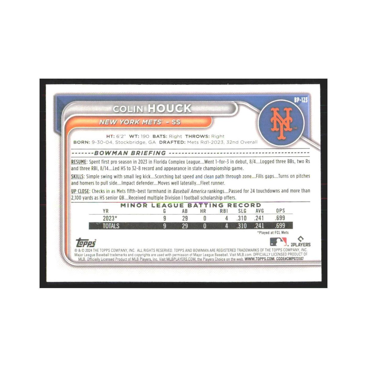 2024 Bowman Prospects Colin Houck Mets #BP-123