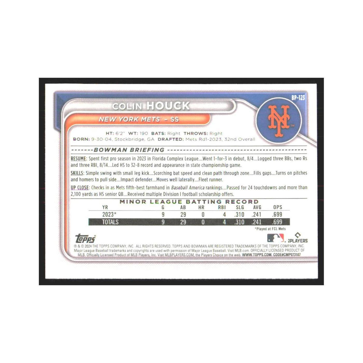 2024 Bowman Prospects Colin Houck Mets #BP-123