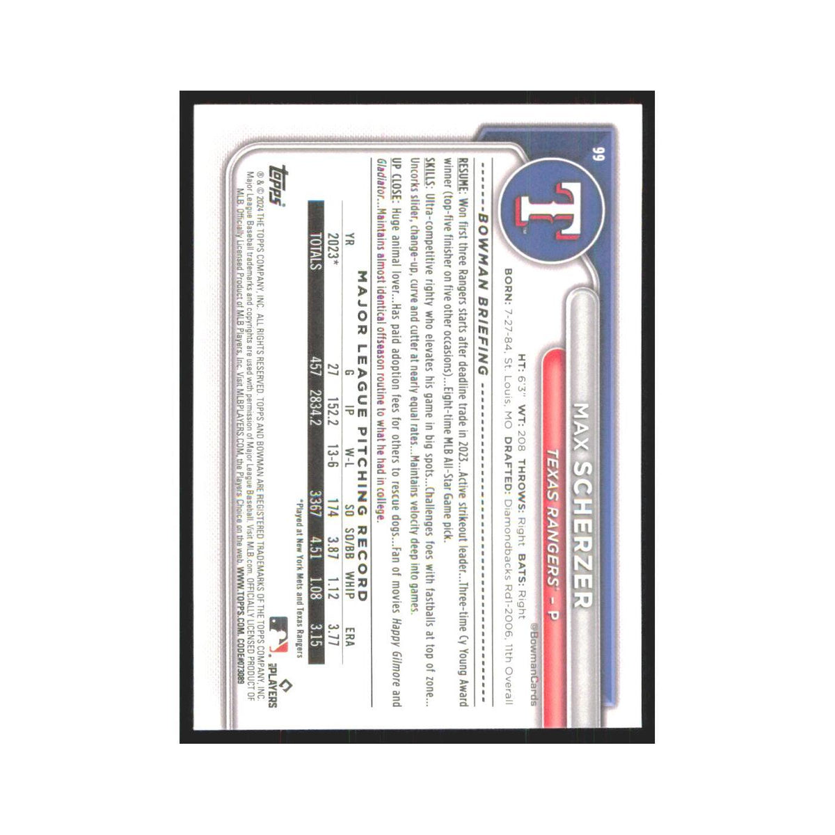 2024 Bowman Max Scherzer Rangers #99