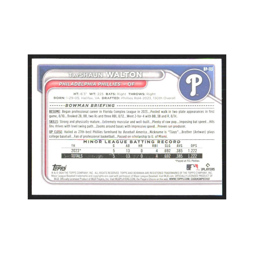 2024 Bowman Prospects TayShaun Walton Phillies #BP-113