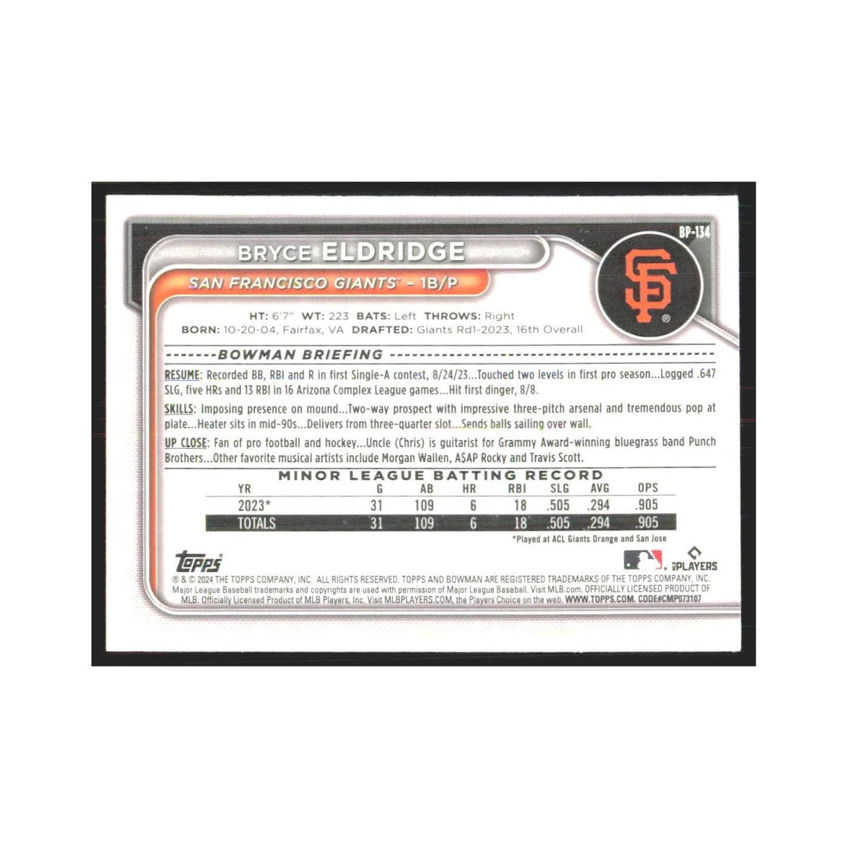 2024 Bowman Prospects Bryce Eldridge Giants #BP-134